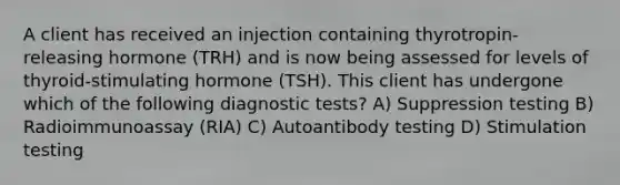 A client has received an injection containing thyrotropin-releasing hormone (TRH) and is now being assessed for levels of thyroid-stimulating hormone (TSH). This client has undergone which of the following diagnostic tests? A) Suppression testing B) Radioimmunoassay (RIA) C) Autoantibody testing D) Stimulation testing