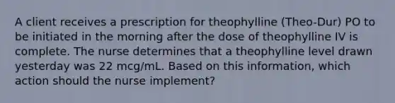 A client receives a prescription for theophylline (Theo-Dur) PO to be initiated in the morning after the dose of theophylline IV is complete. The nurse determines that a theophylline level drawn yesterday was 22 mcg/mL. Based on this information, which action should the nurse implement?