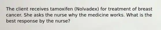 The client receives tamoxifen (Nolvadex) for treatment of breast cancer. She asks the nurse why the medicine works. What is the best response by the nurse?