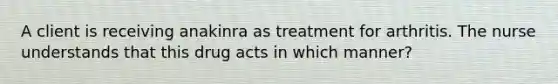 A client is receiving anakinra as treatment for arthritis. The nurse understands that this drug acts in which manner?