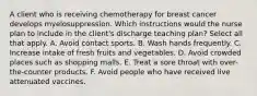 A client who is receiving chemotherapy for breast cancer develops myelosuppression. Which instructions would the nurse plan to include in the client's discharge teaching plan? Select all that apply. A. Avoid contact sports. B. Wash hands frequently. C. Increase intake of fresh fruits and vegetables. D. Avoid crowded places such as shopping malls. E. Treat a sore throat with over-the-counter products. F. Avoid people who have received live attenuated vaccines.