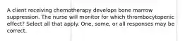 A client receiving chemotherapy develops bone marrow suppression. The nurse will monitor for which thrombocytopenic effect? Select all that apply. One, some, or all responses may be correct.