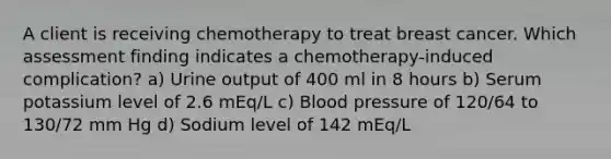 A client is receiving chemotherapy to treat breast cancer. Which assessment finding indicates a chemotherapy-induced complication? a) Urine output of 400 ml in 8 hours b) Serum potassium level of 2.6 mEq/L c) Blood pressure of 120/64 to 130/72 mm Hg d) Sodium level of 142 mEq/L