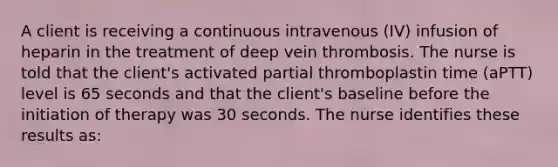 A client is receiving a continuous intravenous (IV) infusion of heparin in the treatment of deep vein thrombosis. The nurse is told that the client's activated partial thromboplastin time (aPTT) level is 65 seconds and that the client's baseline before the initiation of therapy was 30 seconds. The nurse identifies these results as: