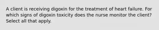 A client is receiving digoxin for the treatment of heart failure. For which signs of digoxin toxicity does the nurse monitor the client? Select all that apply.