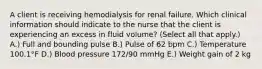 A client is receiving hemodialysis for renal failure. Which clinical information should indicate to the nurse that the client is experiencing an excess in fluid​ volume? (Select all that​ apply.) A.) Full and bounding pulse B.) Pulse of 62 bpm C.) Temperature 100.1°F D.) Blood pressure​ 172/90 mmHg E.) Weight gain of 2 kg