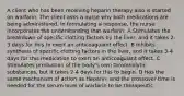 A client who has been receiving heparin therapy also is started on warfarin. The client asks a nurse why both medications are being administered. In formulating a response, the nurse incorporates the understanding that warfarin: A Stimulates the breakdown of specific clotting factors by the liver, and it takes 2-3 days for this to exert an anticoagulant effect. B Inhibits synthesis of specific clotting factors in the liver, and it takes 3-4 days for this medication to exert an anticoagulant effect. C Stimulates production of the body's own thrombolytic substances, but it takes 2-4 days for this to begin. D Has the same mechanism of action as Heparin, and the crossover time is needed for the serum level of warfarin to be therapeutic.