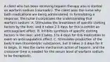 A client who has been receiving heparin therapy also is started on warfarin sodium (coumadin). The client asks the nurse why both medications are being administered. In formulating a response, the nurse incorporates the understanding that warfarin sodium: A. Stimulates the breakdown of specific clotting factors by the liver, and it takes 2-3 days for this is exhibit an anticoagulant effect. B. Inhibits synthesis of specific clotting factors in the liver, and it takes 3 to 4 days for this medication to exert an anticoagulation effect. C. Stimulates production of the body's own thrombolytic substances, but it takes 2-4 days for it to begin. D. Has the same mechanism action of heparin, and the crossover time is needed for the serum level of warfarin sodium to be therapeutic.