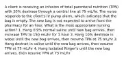 A client is receiving an infusion of total parenteral nutrition (TPN) with 20% dextrose through a central line at 75 mL/hr. The nurse responds to the client's IV pump alarm, which indicates that the bag is empty. The new bag is not expected to arrive from the pharmacy for an hour. What is the most appropriate nursing action? 1. Hang 0.9% normal saline until new bag arrives, then increase TPN to 150 mL/hr for 1 hour 2. Hang 10% dextrose in water until the new bag arrives, then resume TPN at 75 mL/hr 3. Hang dextran in saline until the new bag arrives, then resume TPN at 75 mL/hr 4. Hang lactated Ringer's until the new bag arrives, then resume TPN at 75 mL/hr