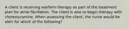 A client is receiving warfarin therapy as part of the treatment plan for atrial fibrillation. The client is also to begin therapy with cholestyramine. When assessing the client, the nurse would be alert for which of the following?