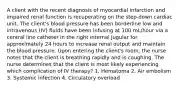 A client with the recent diagnosis of myocardial infarction and impaired renal function is recuperating on the step-down cardiac unit. The client's blood pressure has been borderline low and intravenous (IV) fluids have been infusing at 100 mL/hour via a central line catheter in the right internal jugular for approximately 24 hours to increase renal output and maintain the blood pressure. Upon entering the client's room, the nurse notes that the client is breathing rapidly and is coughing. The nurse determines that the client is most likely experiencing which complication of IV therapy? 1. Hematoma 2. Air embolism 3. Systemic infection 4. Circulatory overload