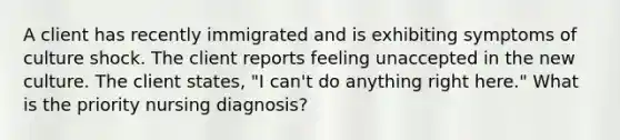 A client has recently immigrated and is exhibiting symptoms of culture shock. The client reports feeling unaccepted in the new culture. The client states, "I can't do anything right here." What is the priority nursing diagnosis?