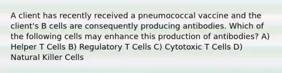 A client has recently received a pneumococcal vaccine and the client's B cells are consequently producing antibodies. Which of the following cells may enhance this production of antibodies? A) Helper T Cells B) Regulatory T Cells C) Cytotoxic T Cells D) Natural Killer Cells