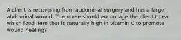 A client is recovering from abdominal surgery and has a large abdominal wound. The nurse should encourage the client to eat which food item that is naturally high in vitamin C to promote wound healing?