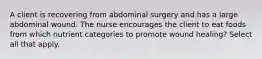 A client is recovering from abdominal surgery and has a large abdominal wound. The nurse encourages the client to eat foods from which nutrient categories to promote wound healing? Select all that apply.