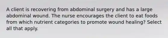 A client is recovering from abdominal surgery and has a large abdominal wound. The nurse encourages the client to eat foods from which nutrient categories to promote wound healing? Select all that apply.