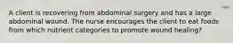 A client is recovering from abdominal surgery and has a large abdominal wound. The nurse encourages the client to eat foods from which nutrient categories to promote wound healing?