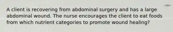 A client is recovering from abdominal surgery and has a large abdominal wound. The nurse encourages the client to eat foods from which nutrient categories to promote wound healing?