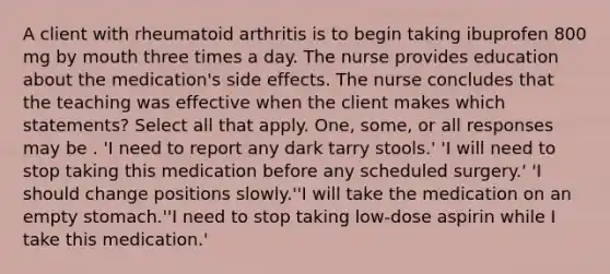 A client with rheumatoid arthritis is to begin taking ibuprofen 800 mg by mouth three times a day. The nurse provides education about the medication's side effects. The nurse concludes that the teaching was effective when the client makes which statements? Select all that apply. One, some, or all responses may be . 'I need to report any dark tarry stools.' 'I will need to stop taking this medication before any scheduled surgery.' 'I should change positions slowly.''I will take the medication on an empty stomach.''I need to stop taking low-dose aspirin while I take this medication.'