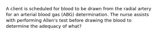 A client is scheduled for blood to be drawn from the radial artery for an arterial blood gas (ABG) determination. The nurse assists with performing Allen's test before drawing the blood to determine the adequacy of what?