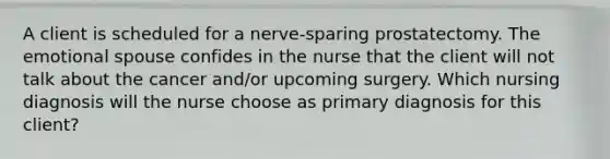 A client is scheduled for a nerve-sparing prostatectomy. The emotional spouse confides in the nurse that the client will not talk about the cancer and/or upcoming surgery. Which nursing diagnosis will the nurse choose as primary diagnosis for this client?