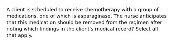 A client is scheduled to receive chemotherapy with a group of medications, one of which is asparaginase. The nurse anticipates that this medication should be removed from the regimen after noting which findings in the client's medical record? Select all that apply.