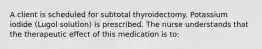 A client is scheduled for subtotal thyroidectomy. Potassium iodide (Lugol solution) is prescribed. The nurse understands that the therapeutic effect of this medication is to: