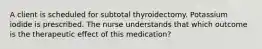 A client is scheduled for subtotal thyroidectomy. Potassium iodide is prescribed. The nurse understands that which outcome is the therapeutic effect of this medication?