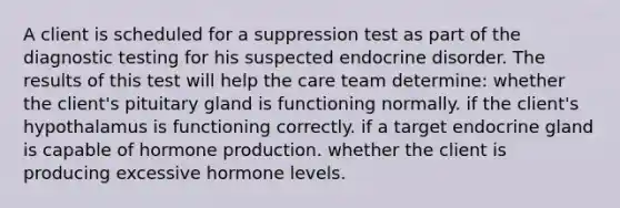 A client is scheduled for a suppression test as part of the diagnostic testing for his suspected endocrine disorder. The results of this test will help the care team determine: whether the client's pituitary gland is functioning normally. if the client's hypothalamus is functioning correctly. if a target endocrine gland is capable of hormone production. whether the client is producing excessive hormone levels.