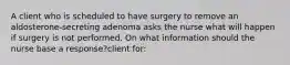 A client who is scheduled to have surgery to remove an aldosterone-secreting adenoma asks the nurse what will happen if surgery is not performed. On what information should the nurse base a response?client for: