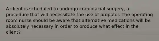 A client is scheduled to undergo craniofacial surgery, a procedure that will necessitate the use of propofol. The operating room nurse should be aware that alternative medications will be absolutely necessary in order to produce what effect in the client?