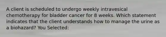 A client is scheduled to undergo weekly intravesical chemotherapy for bladder cancer for 8 weeks. Which statement indicates that the client understands how to manage the urine as a biohazard? You Selected: