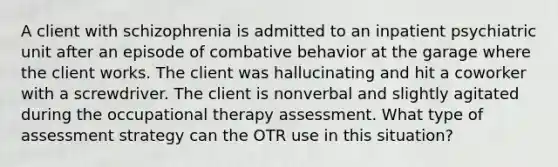 A client with schizophrenia is admitted to an inpatient psychiatric unit after an episode of combative behavior at the garage where the client works. The client was hallucinating and hit a coworker with a screwdriver. The client is nonverbal and slightly agitated during the occupational therapy assessment. What type of assessment strategy can the OTR use in this situation?