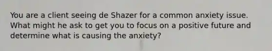 You are a client seeing de Shazer for a common anxiety issue. What might he ask to get you to focus on a positive future and determine what is causing the anxiety?