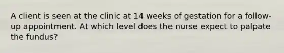 A client is seen at the clinic at 14 weeks of gestation for a follow-up appointment. At which level does the nurse expect to palpate the fundus?