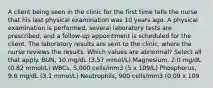 A client being seen in the clinic for the first time tells the nurse that his last physical examination was 10 years ago. A physical examination is performed, several laboratory tests are prescribed, and a follow-up appointment is scheduled for the client. The laboratory results are sent to the clinic, where the nurse reviews the results. Which values are abnormal? Select all that apply. BUN, 10 mg/dL (3.57 mmol/L) Magnesium, 2.0 mg/dL (0.82 mmol/L) WBCs, 5,000 cells/mm3 (5 x 109/L) Phosphorus, 9.6 mg/dL (3.1 mmol/L) Neutrophils, 900 cells/mm3 (0.09 x 109