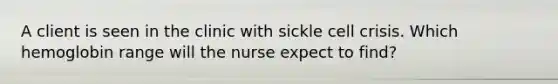 A client is seen in the clinic with sickle cell crisis. Which hemoglobin range will the nurse expect to find?