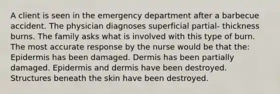 A client is seen in the emergency department after a barbecue accident. The physician diagnoses superficial partial- thickness burns. The family asks what is involved with this type of burn. The most accurate response by the nurse would be that the: Epidermis has been damaged. Dermis has been partially damaged. Epidermis and dermis have been destroyed. Structures beneath the skin have been destroyed.