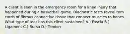 A client is seen in the emergency room for a knee injury that happened during a basketball game. Diagnostic tests reveal torn cords of fibrous connective tissue that connect muscles to bones. What type of tear has this client sustained? A.) Fascia B.) Ligament C.) Bursa D.) Tendon