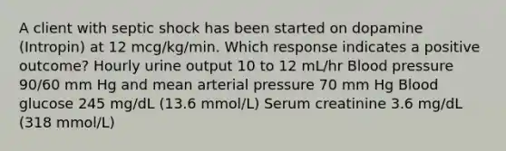 A client with septic shock has been started on dopamine (Intropin) at 12 mcg/kg/min. Which response indicates a positive outcome? Hourly urine output 10 to 12 mL/hr Blood pressure 90/60 mm Hg and mean arterial pressure 70 mm Hg Blood glucose 245 mg/dL (13.6 mmol/L) Serum creatinine 3.6 mg/dL (318 mmol/L)