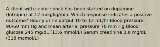 A client with septic shock has been started on dopamine (Intropin) at 12 mcg/kg/min. Which response indicates a positive outcome? Hourly urine output 10 to 12 mL/hr Blood pressure 90/60 mm Hg and mean arterial pressure 70 mm Hg Blood glucose 245 mg/dL (13.6 mmol/L) Serum creatinine 3.6 mg/dL (318 mcmol/L)