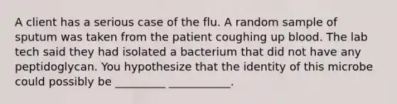 A client has a serious case of the flu. A random sample of sputum was taken from the patient coughing up blood. The lab tech said they had isolated a bacterium that did not have any peptidoglycan. You hypothesize that the identity of this microbe could possibly be _________ ___________.