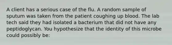 A client has a serious case of the flu. A random sample of sputum was taken from the patient coughing up blood. The lab tech said they had isolated a bacterium that did not have any peptidoglycan. You hypothesize that the identity of this microbe could possibly be: