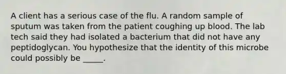 A client has a serious case of the flu. A random sample of sputum was taken from the patient coughing up blood. The lab tech said they had isolated a bacterium that did not have any peptidoglycan. You hypothesize that the identity of this microbe could possibly be _____.