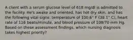 A client with a serum glucose level of 618 mg/dl is admitted to the facility. He's awake and oriented, has hot dry skin, and has the following vital signs: temperature of 100.6° F (38.1° C), heart rate of 116 beats/minute, and blood pressure of 108/70 mm Hg. Based on these assessment findings, which nursing diagnosis takes highest priority?