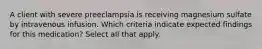 A client with severe preeclampsia is receiving magnesium sulfate by intravenous infusion. Which criteria indicate expected findings for this medication? Select all that apply.