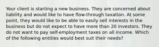 Your client is starting a new business. They are concerned about liability and would like to have flow-through taxation. At some point, they would like to be able to easily sell interests in the business but do not expect to have more than 20 investors. They do not want to pay self-employment taxes on all income. Which of the following entities would best suit their needs?