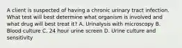 A client is suspected of having a chronic urinary tract infection. What test will best determine what organism is involved and what drug will best treat it? A. Urinalysis with microscopy B. Blood culture C. 24 hour urine screen D. Urine culture and sensitivity