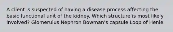 A client is suspected of having a disease process affecting the basic functional unit of the kidney. Which structure is most likely involved? Glomerulus Nephron Bowman's capsule Loop of Henle