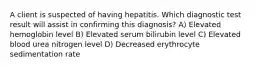 A client is suspected of having hepatitis. Which diagnostic test result will assist in confirming this diagnosis? A) Elevated hemoglobin level B) Elevated serum bilirubin level C) Elevated blood urea nitrogen level D) Decreased erythrocyte sedimentation rate